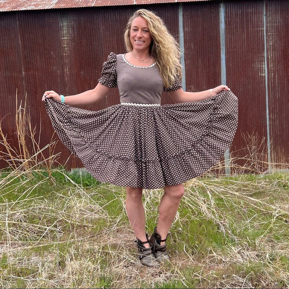 Vintage brown and white polka dot puff sleeve square dance dress MEDIUM